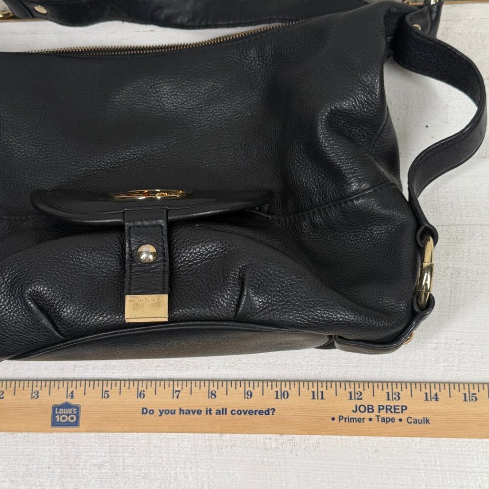 Michael Kors Black Leather Hobo Shoulder Bag Gold MK Logo Zip Top Medium - Picture 12 of 15